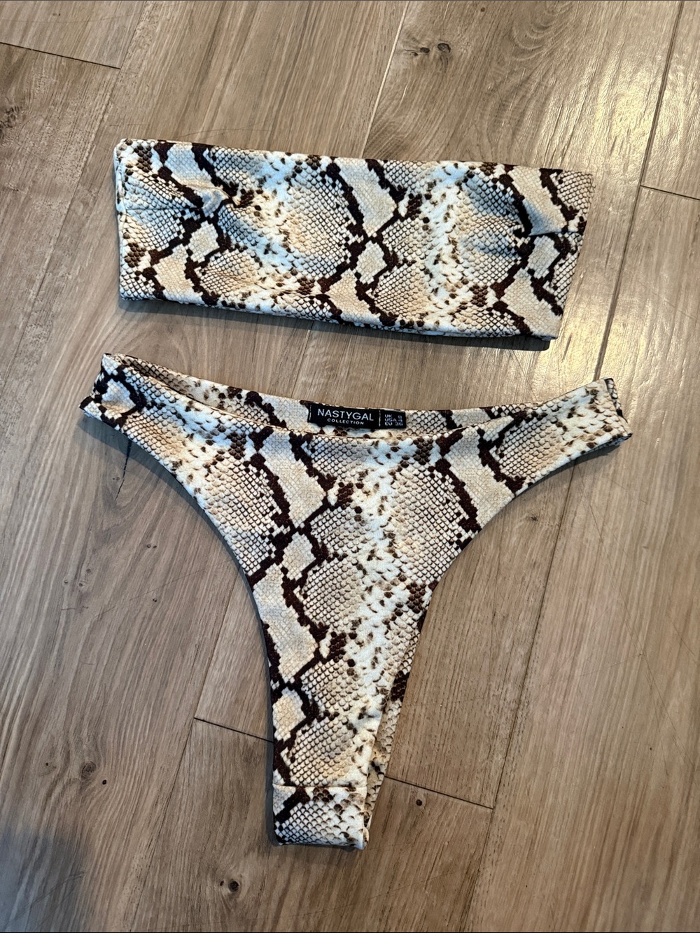 Nasty Gal Snake-Print Bandeau Bikini in Beige and Brown